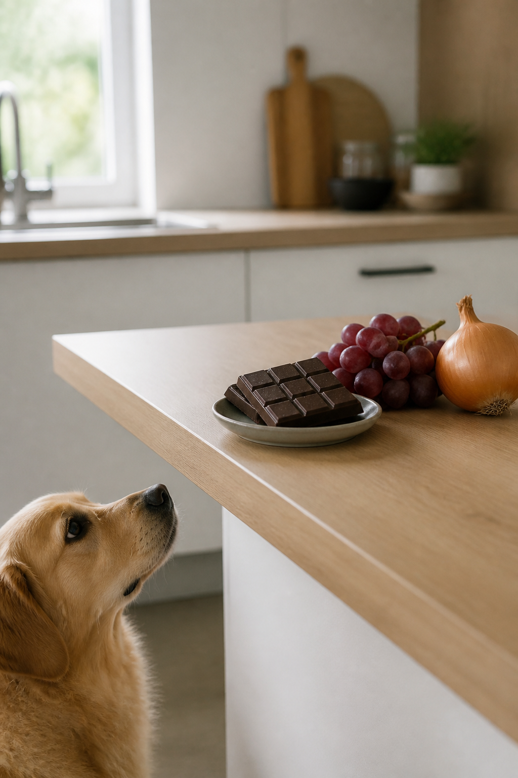 Plan de travail de cuisine avec une tablette de chocolat noir, une grappe de raisin et un oignon posés hors de portée