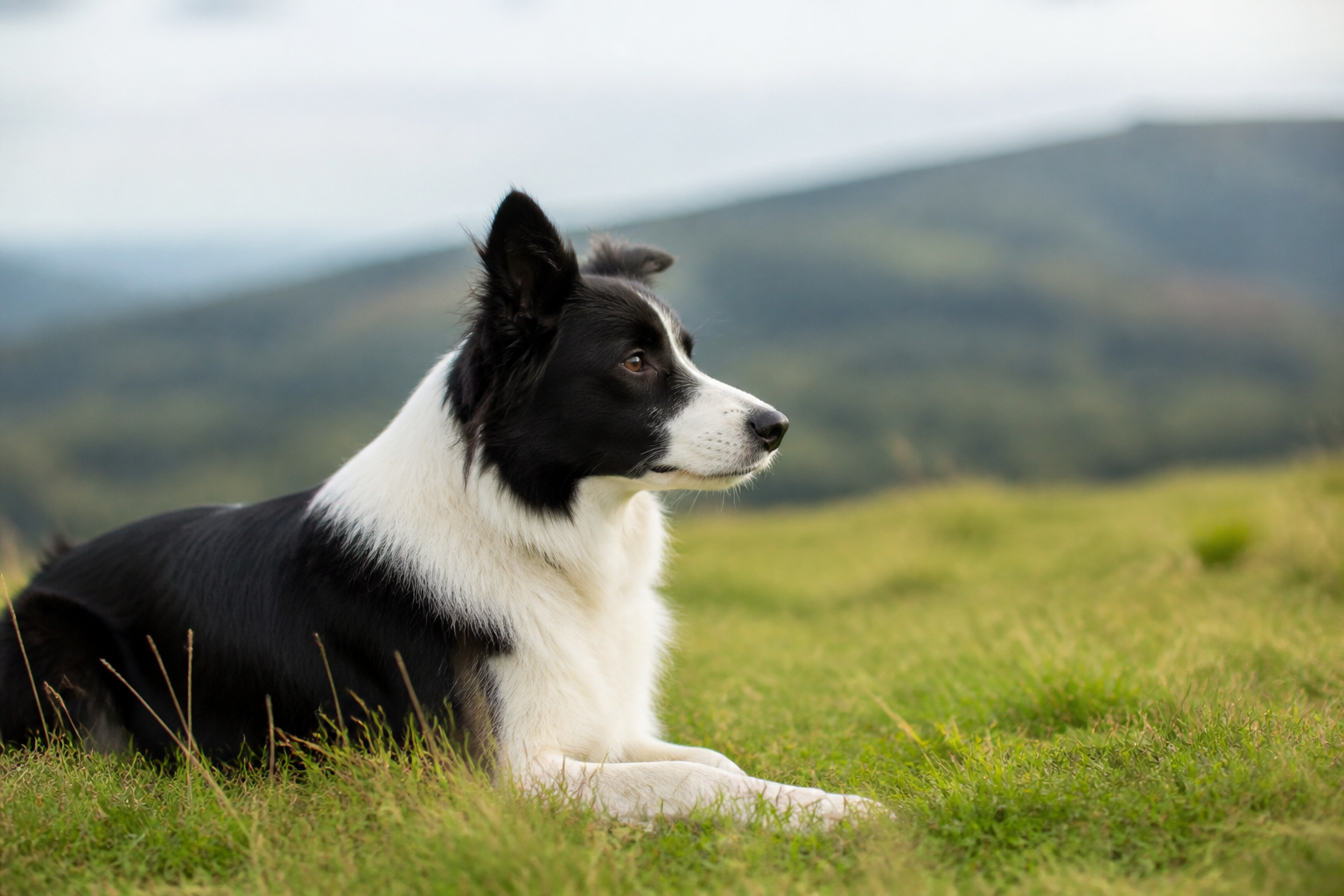 Border collie noir et blanc couché dans l’herbe, le regard fixé sur un point à l’horizon