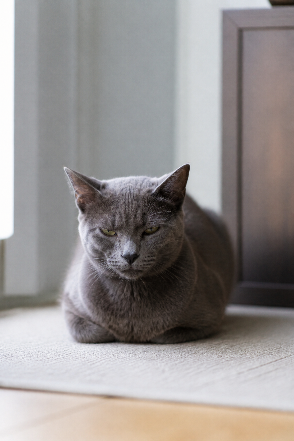 Chat gris tassé en position de sphinx sur un tapis, les oreilles légèrement écartées et les yeux mi-clos