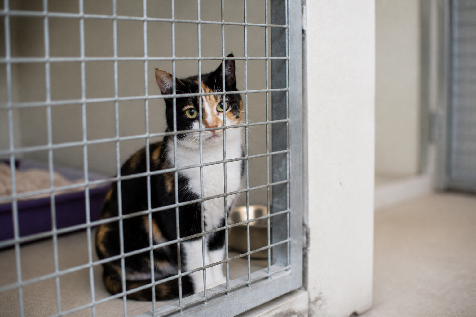 Chat adulte au pelage tricolore assis derrière une grille dans un box de refuge, regardant vers l’objectif