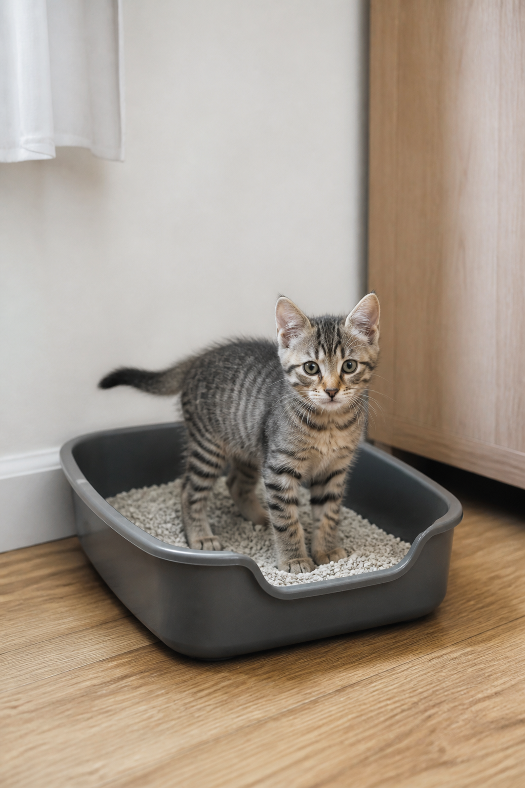 Chaton tigré debout dans un bac à litière ouvert à bords bas, posé dans un coin calme d’une pièce