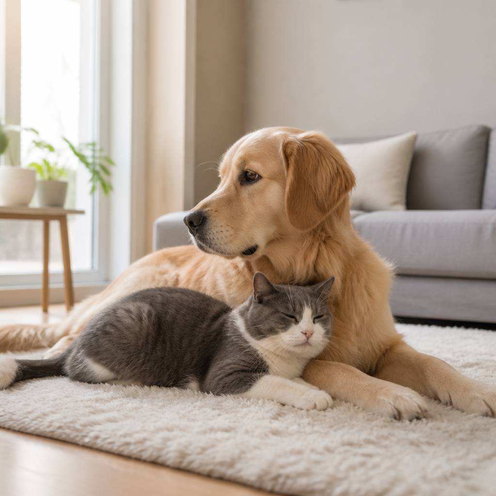 Un chien couché sur un tapis et un chat installé contre lui dans un salon lumineux