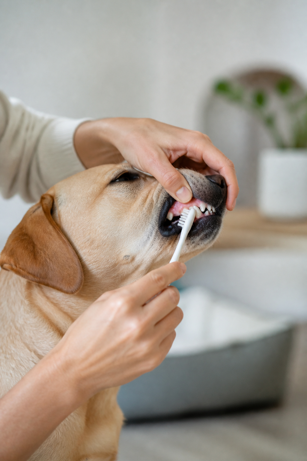Main soulevant la babine d’un chien beige pour passer une brosse à dents souple sur la canine supérieure