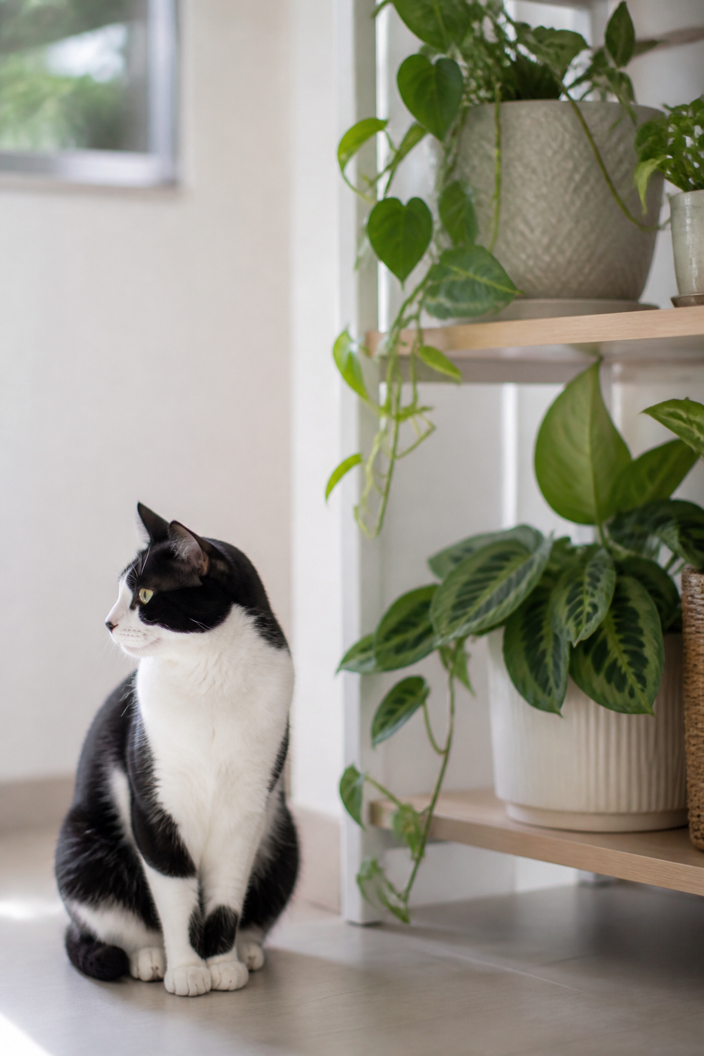 Chat noir et blanc assis près d’une étagère où sont posées plusieurs plantes vertes d’intérieur
