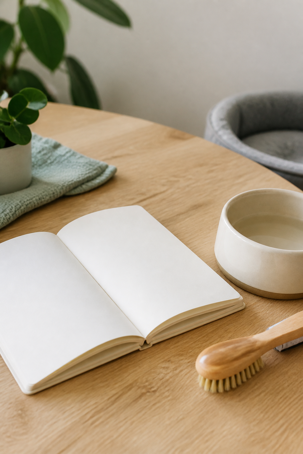 Un carnet ouvert, une brosse à poils souples et une gamelle en céramique posés sur une table en bois clair